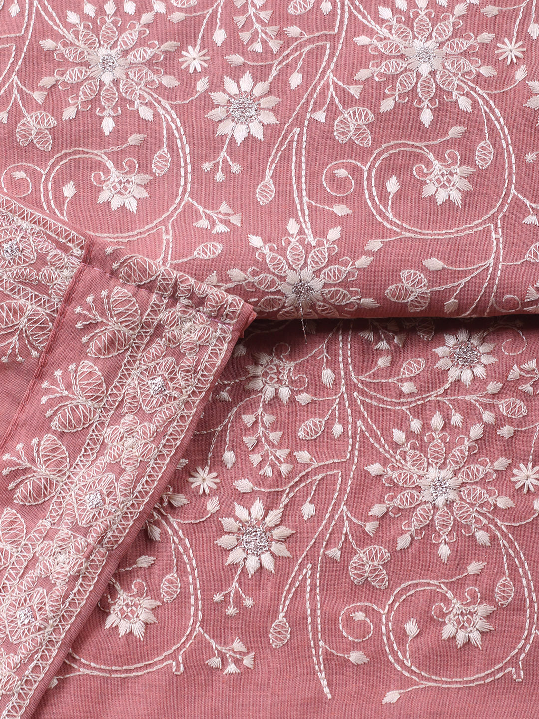 Embroidered Chanderi Unstitched Suit With Pant &amp; Dupatta