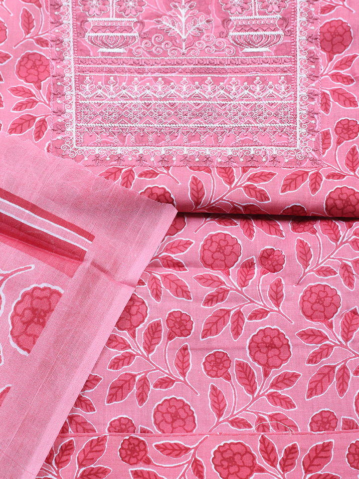 Embroidered Cotton Blend Unstitched Suit With Pant &amp; Dupatta
