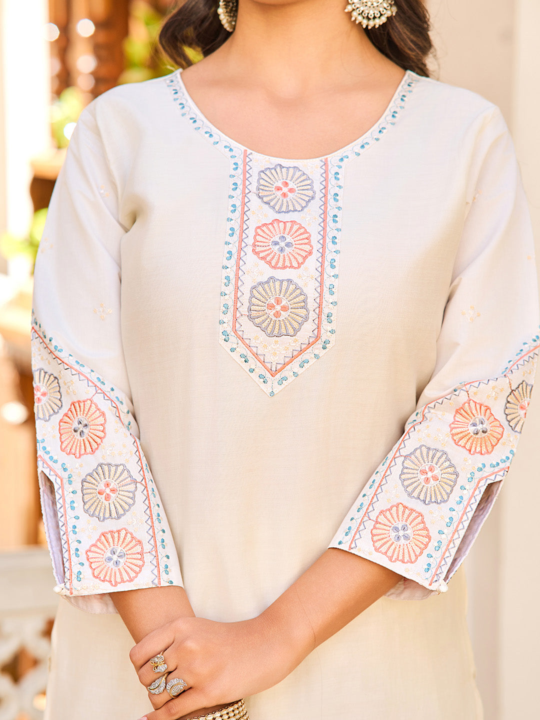 Neck Embroidery Cotton Blend Kurta With Pants &amp; Dupatta