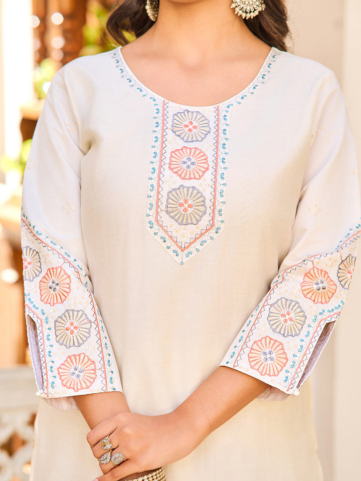 Neck Embroidery Cotton Blend Kurta With Pants &amp; Dupatta