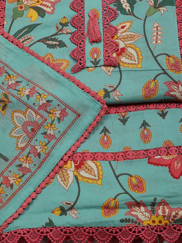 Embroidered Cotton Blend Unstitched Suit With Pant &amp; Dupatta