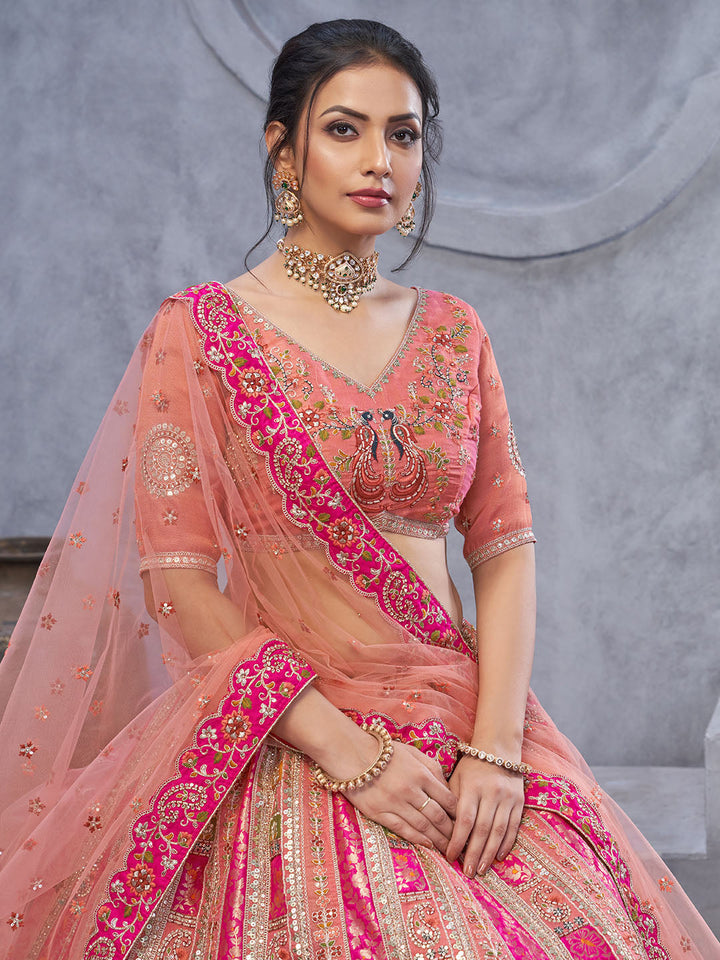Resham Embroidery Tissue Unstitched Choli With Lehenga &amp; Dupatta