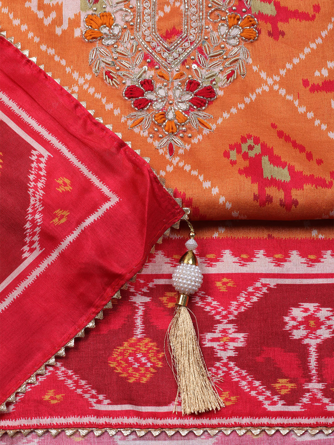 Patola Printed Tussar Unstitched Suit With Dupatta