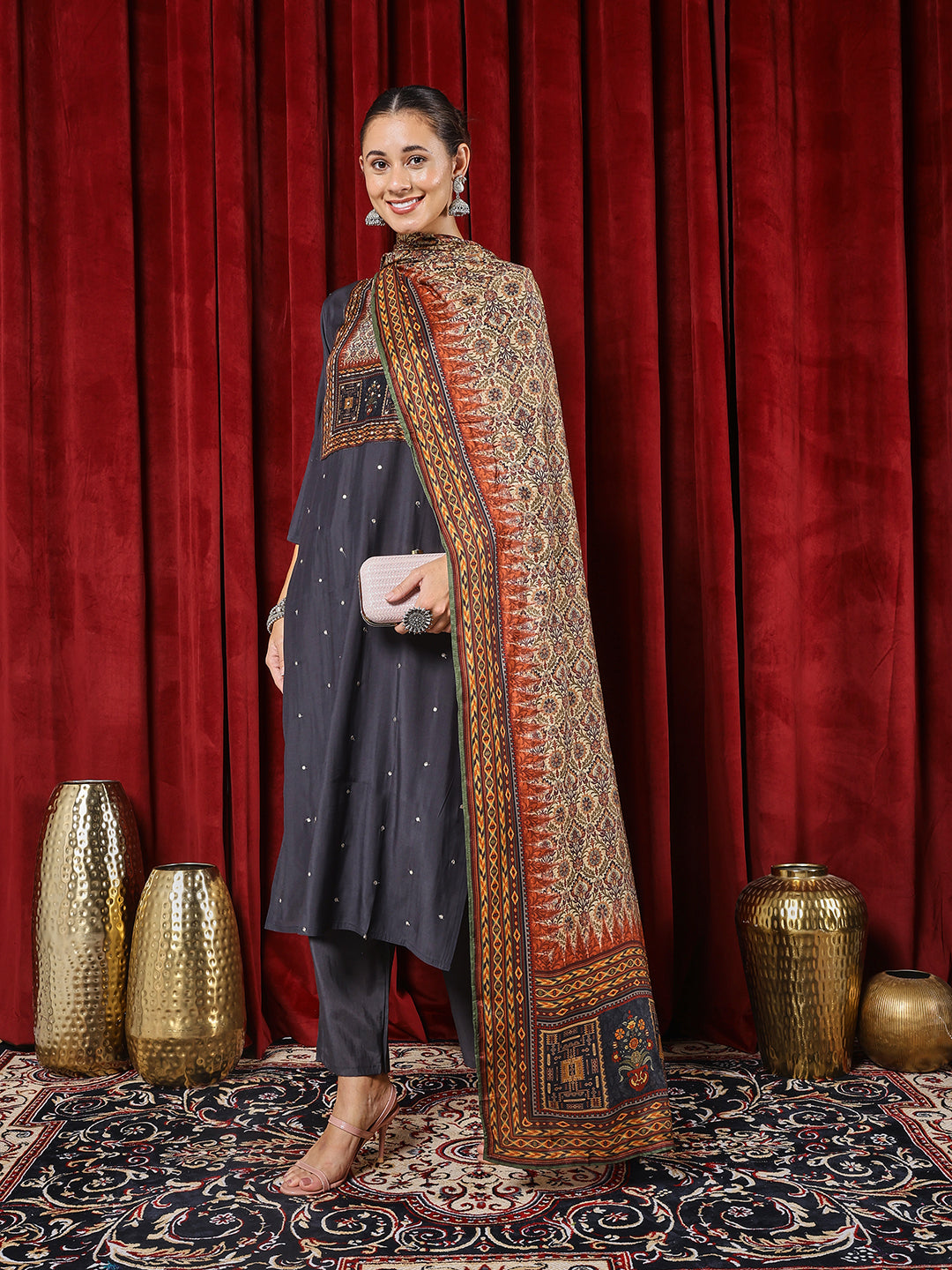 Printed Cotton Blend Kurta With Pants & Dupatta