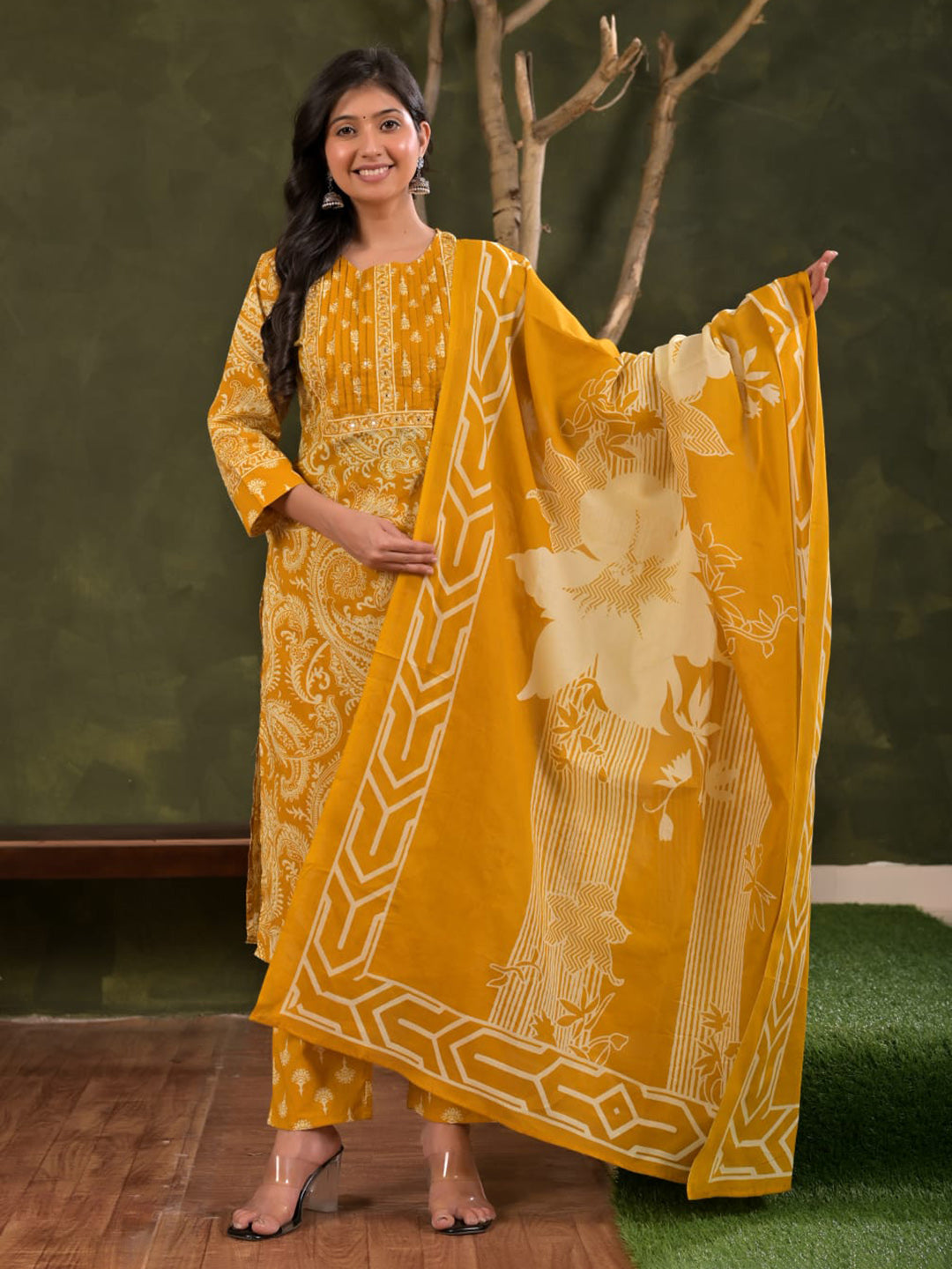 Yellow Embroidered Cotton Blend Straight Suit Set With Dupatta