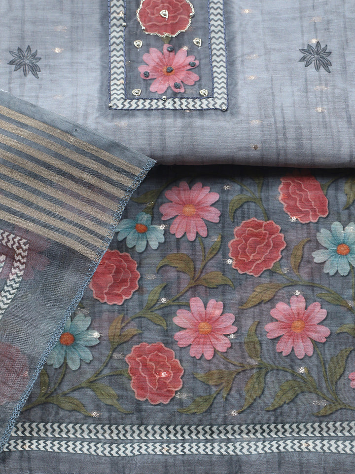 Embroidered Cotton Blend Unstitched Suit With Pant &amp; Dupatta