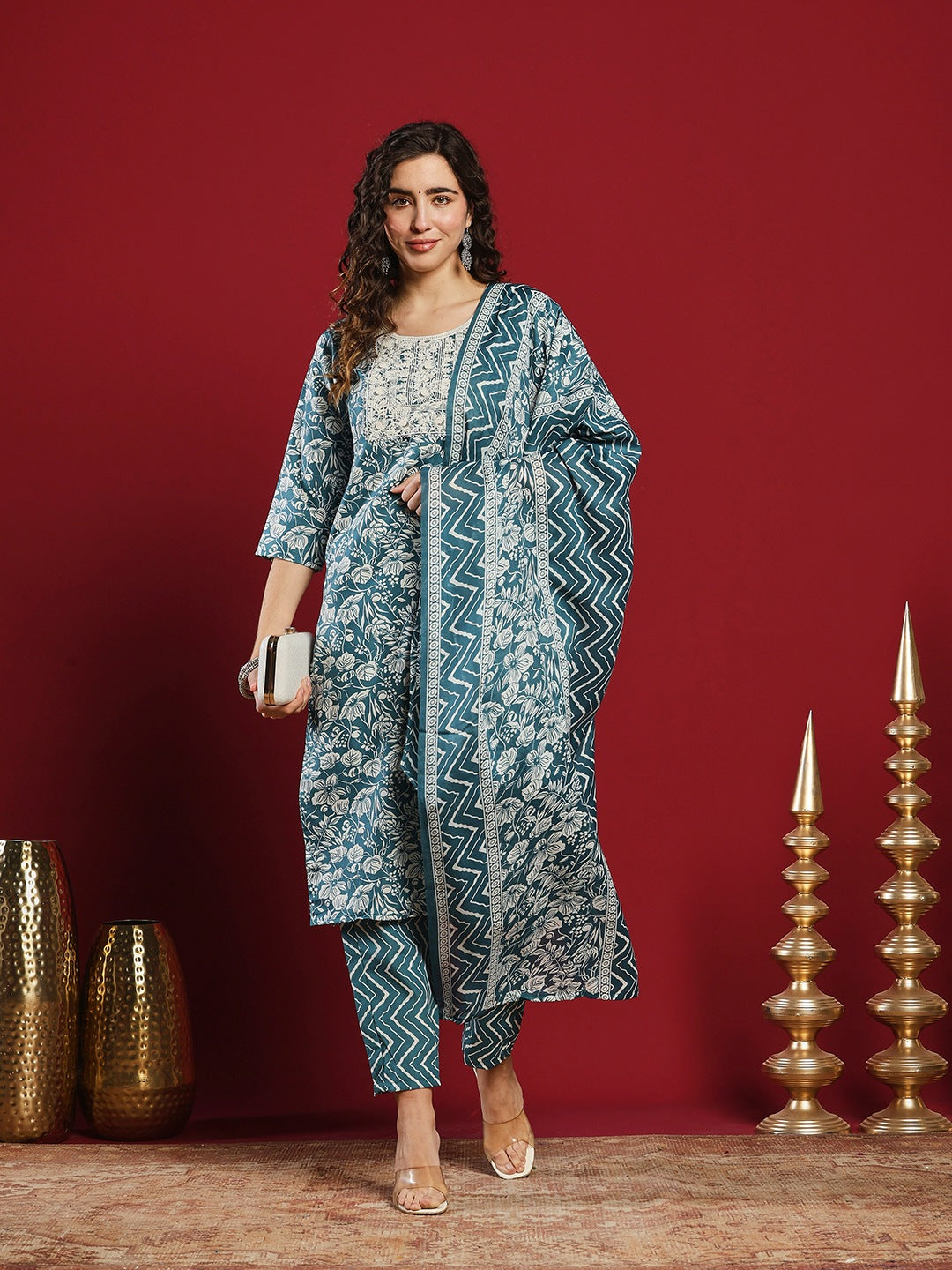 Printed Cotton Kurta With Pant &amp; Dupatta