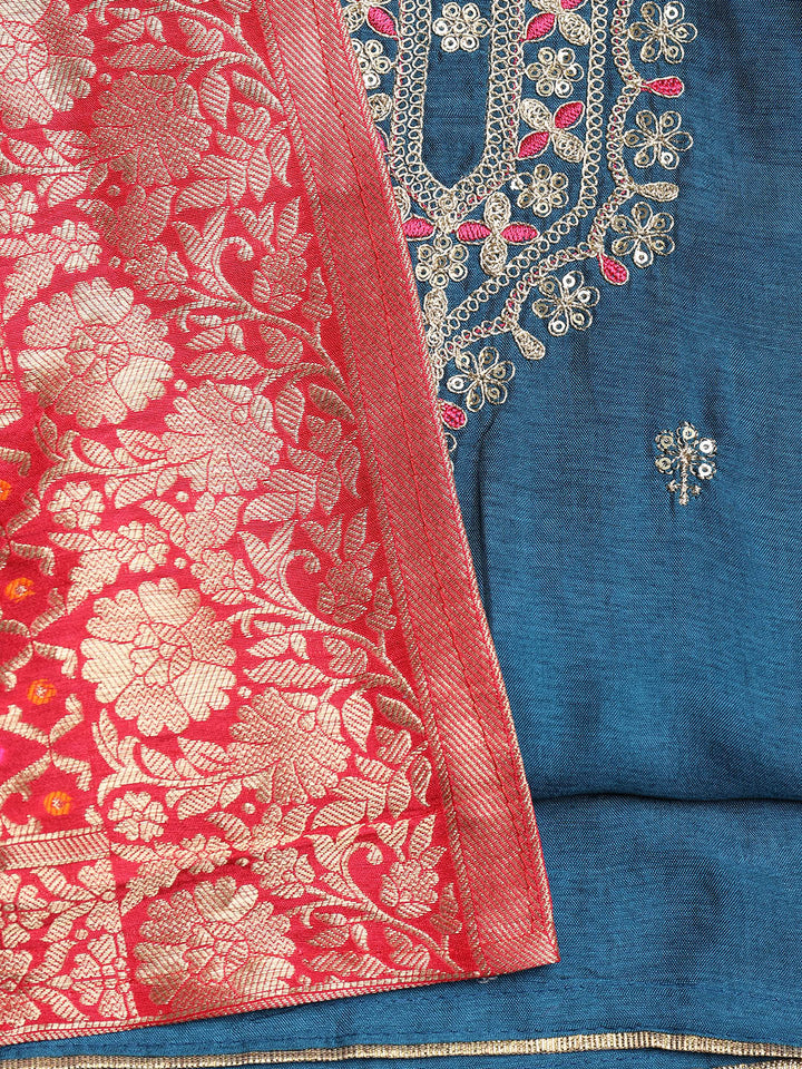 Embroidered Chanderi Unstitched Suit With Dupatta