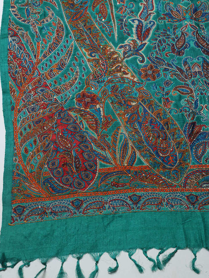 Printed Tussar Unstitched Kurta With Pant &amp; Dupatta