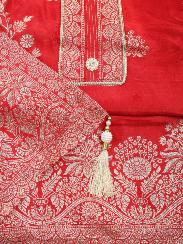Embroidered Chanderi Unstitched Suit With Pant &amp; Dupatta