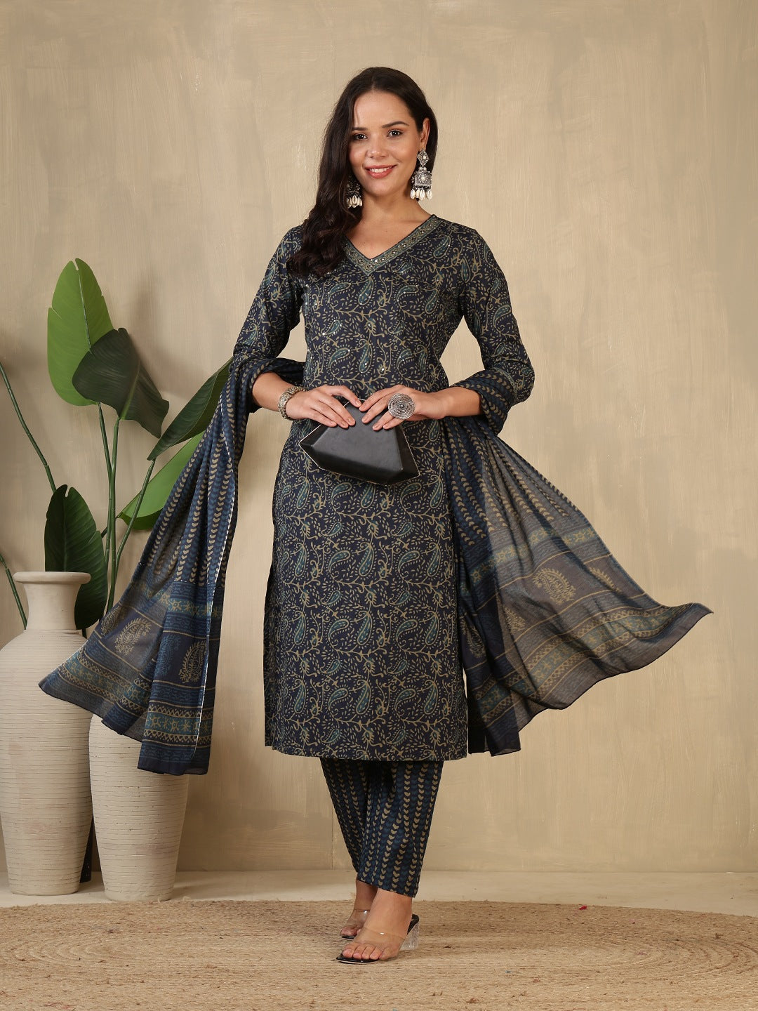 Printed Cotton Blend Suit With Pant &amp; Dupatta