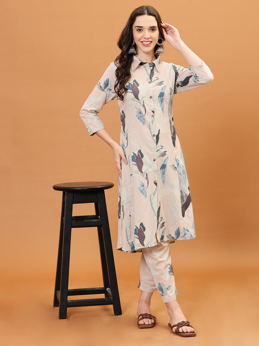 Floral Printed Cotton Blend Kurta With Pants