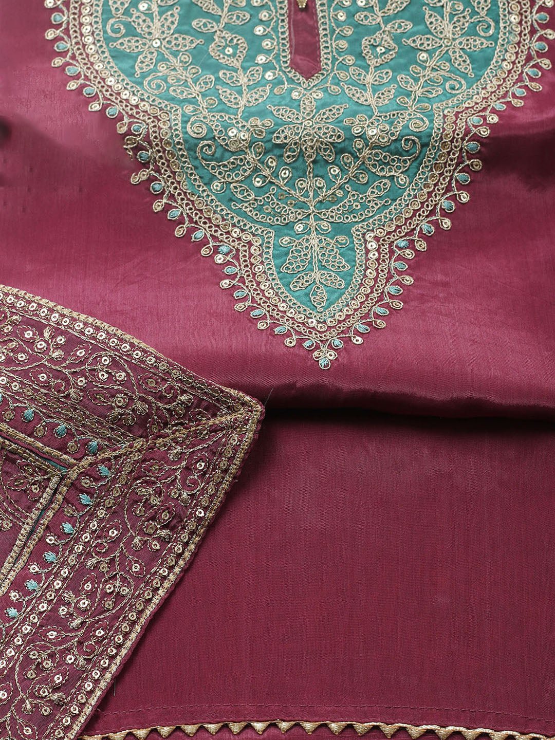 Embroidered Chanderi Unstitched Suit With Pant &amp; Dupatta