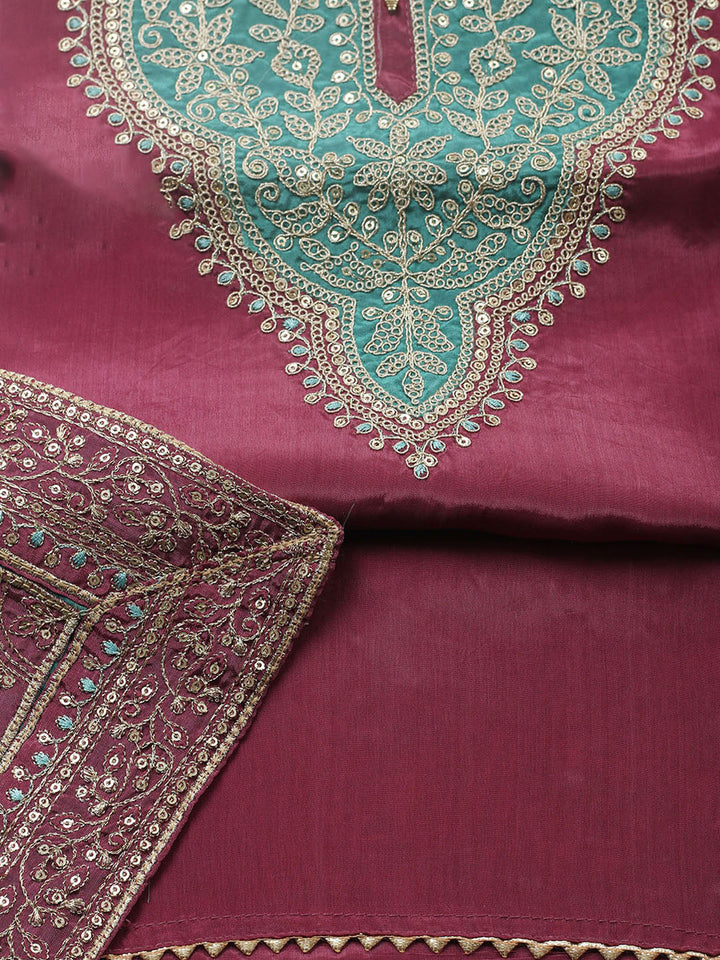 Embroidered Chanderi Unstitched Suit With Pant &amp; Dupatta