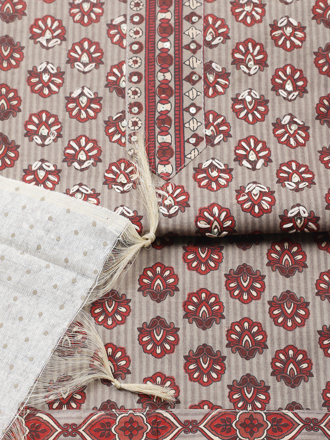Printed Cotton Blend Unstitched Suit With Pant &amp; Dupatta