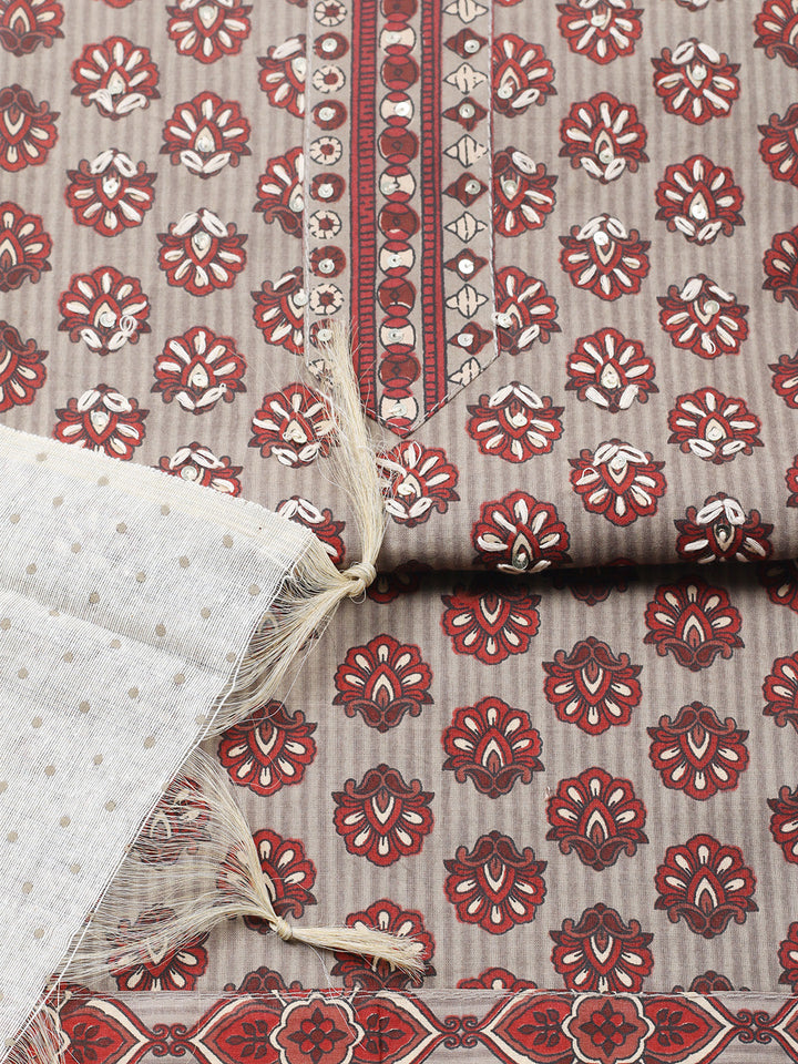 Printed Cotton Blend Unstitched Suit With Pant &amp; Dupatta