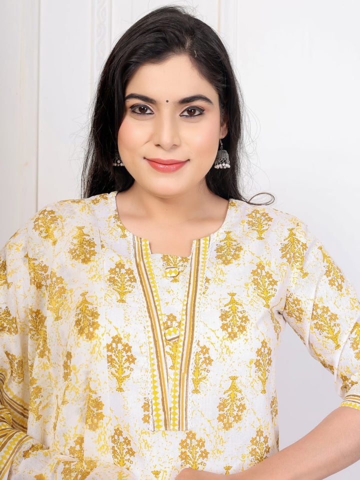 Yellow Embroidered Cotton Blend Straight Suit Set With Dupatta