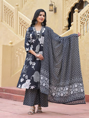 Printed Cotton Blend Kurta With Pants & Dupatta