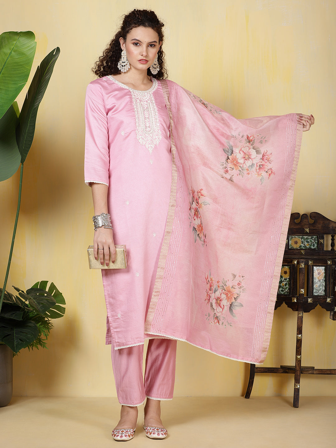 Neck Embroidered Cotton Blend Kurta With Pants & Dupatta