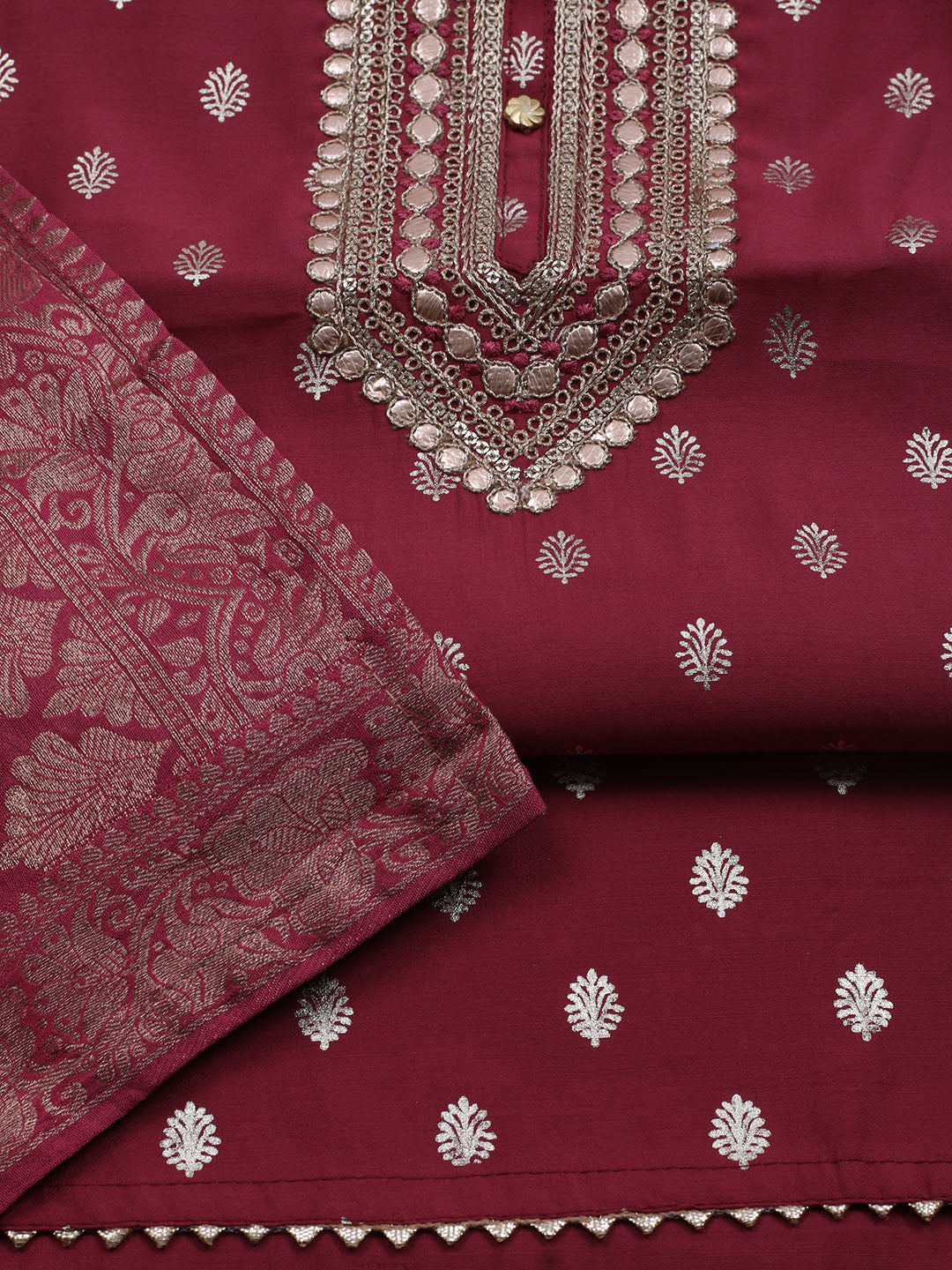 Neck Embroidered Chanderi Unstitched Suit With Dupatta
