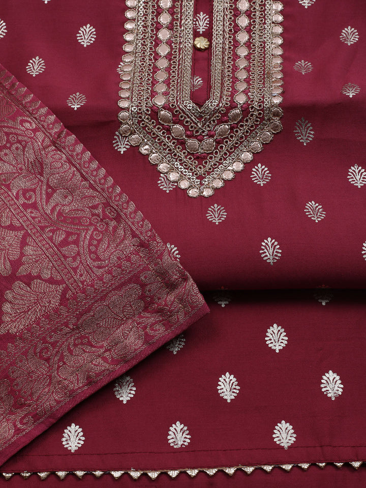 Neck Embroidered Chanderi Unstitched Suit With Dupatta