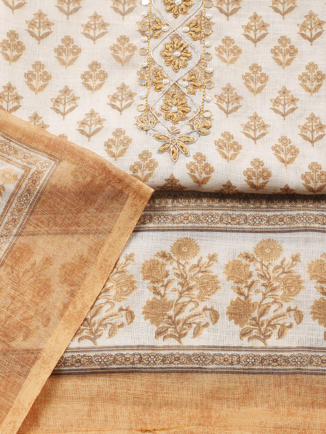 Embroidered Cotton Blend Unstitched Suit With Pant &amp; Dupatta