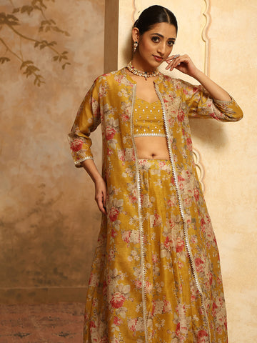 Floral Printed Chanderi Choli With Skirt & Jacket