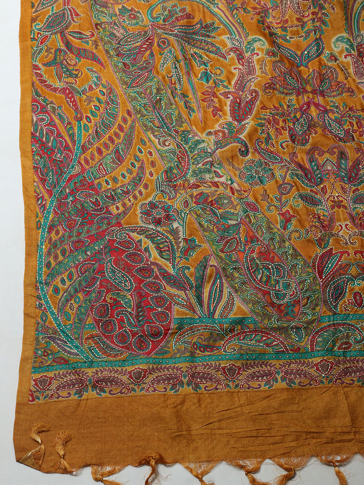 Printed Tussar Unstitched Kurta With Pant &amp; Dupatta
