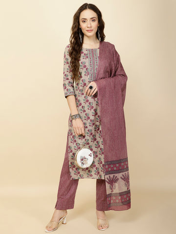 Printed Cotton Suit Set With Dupatta