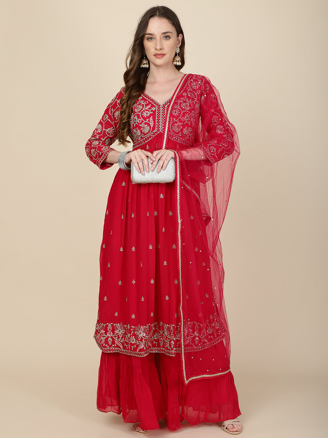 Zari Embroidered Booti Georgette Kurta With Palazzo & Dupatta