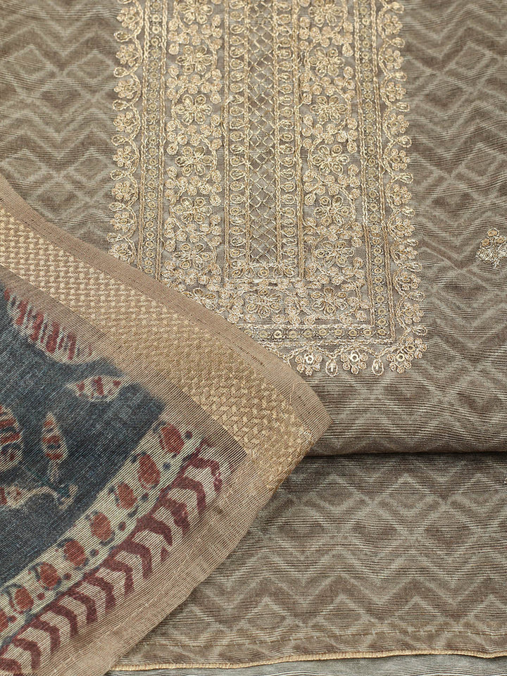 Embroidered Chanderi Unstitched Suit With Pant &amp; Dupatta