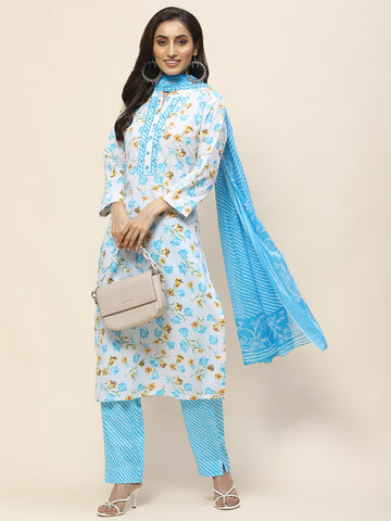 Floral Print Cotton Suit Set With Dupatta