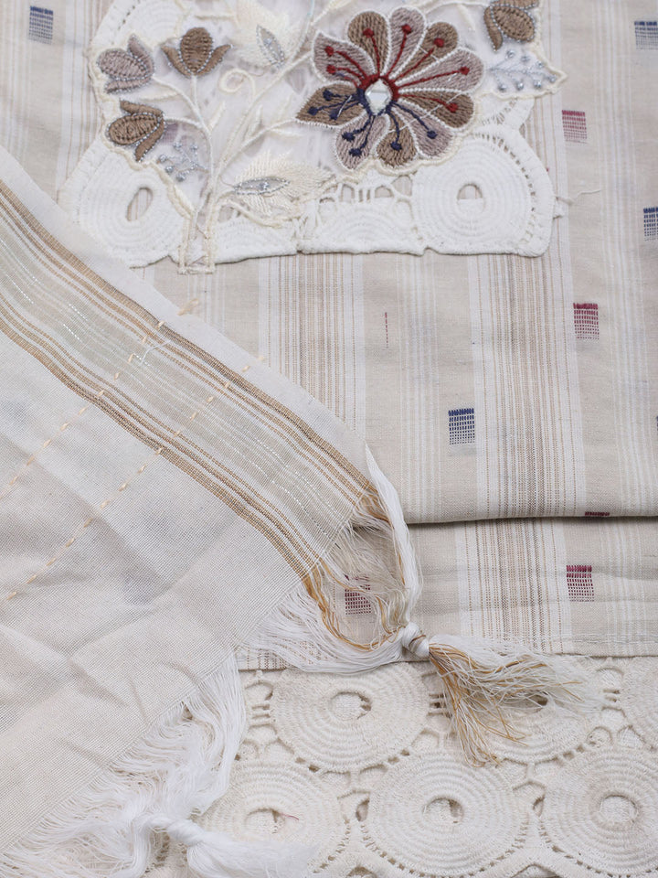 Patch Neck Cotton Blend Unstitched Suit With Dupatta