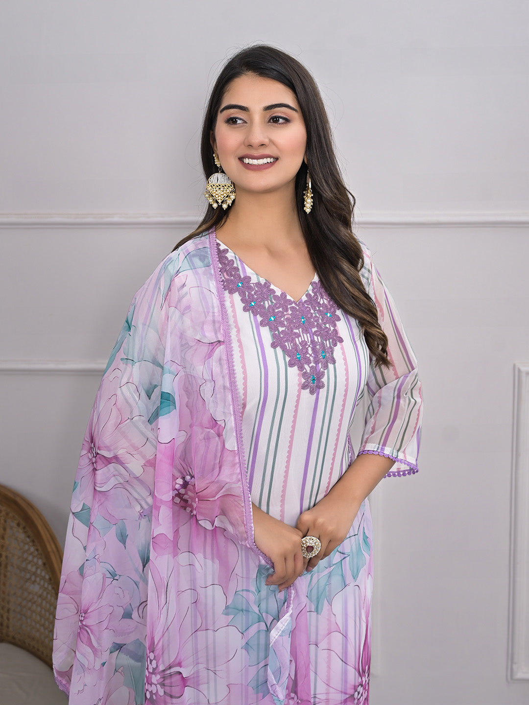 Neck Embroidered Georgette Kurta With Pants &amp; Dupatta