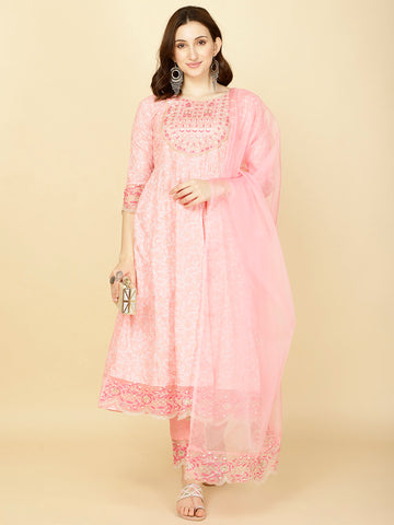 Booti Printed Cotton Kurta With Pants & Dupatta