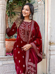 Neck Embroidered Velvet Kurta With Pants & Dupatta