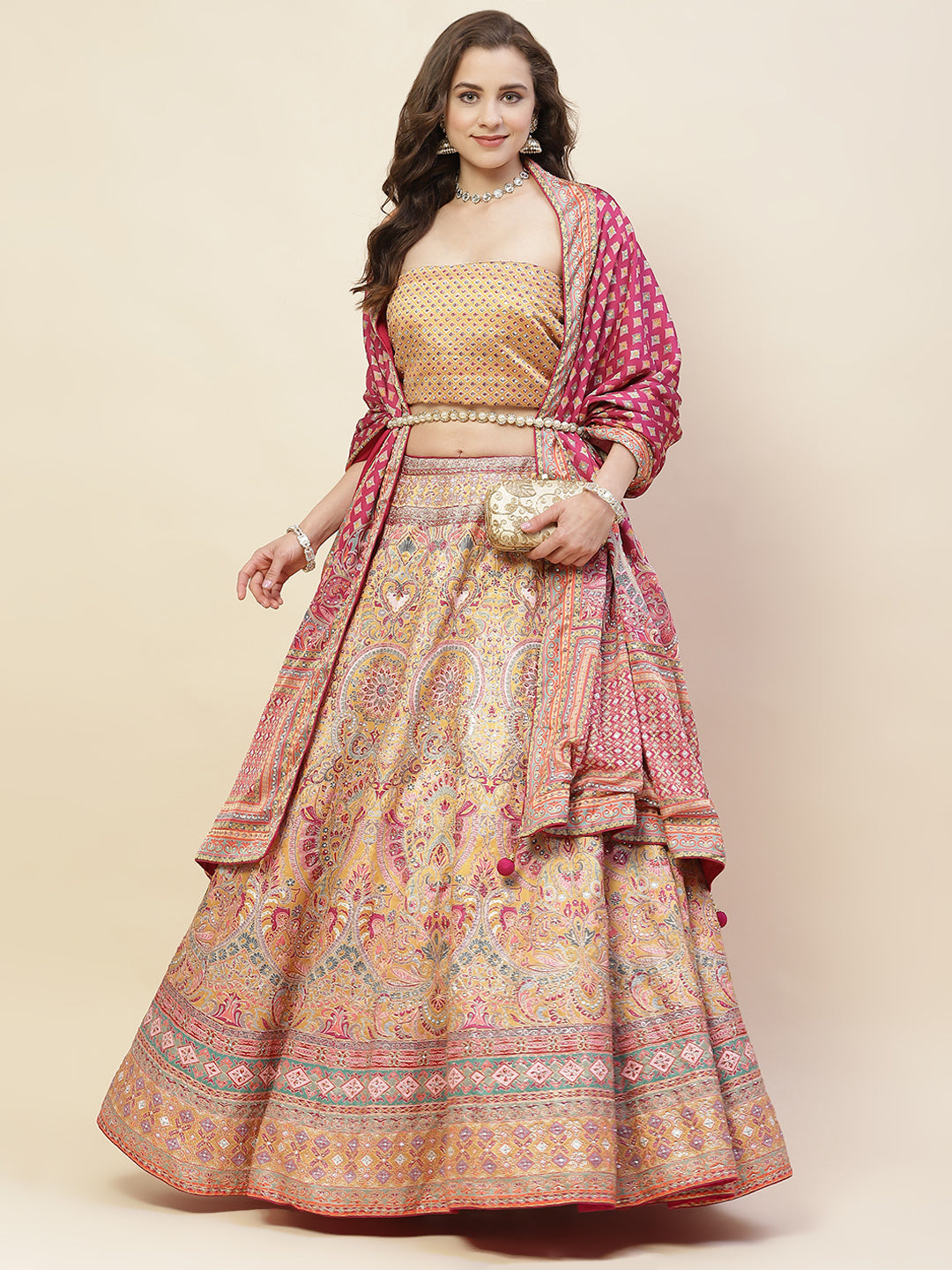 Printed & Thread Embroidered Choli With Unstitched Lehenga & Dupatta