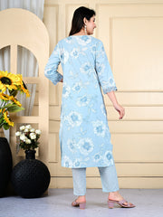 Neck Embroidered Cotton Blend Kurta With Pants & Dupatta