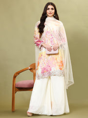 Floral Printed Art Silk Kurta With Sharara And Dupatta