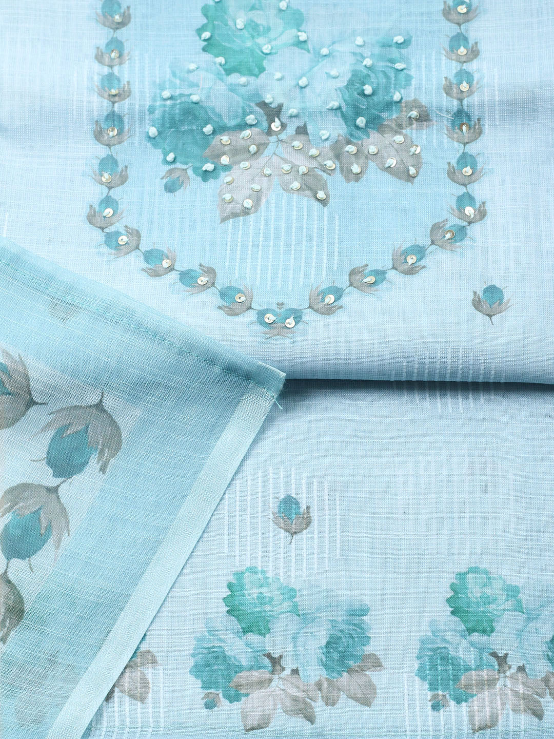 Embroidered Linen Blend Unstitched Suit With Pant Dupatta