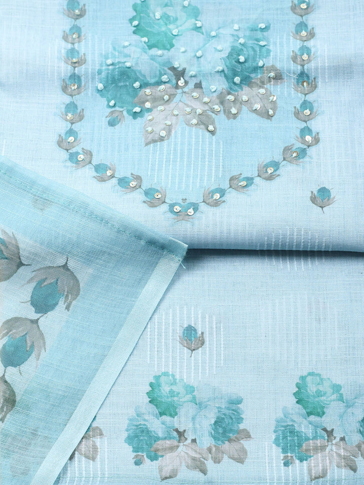 Embroidered Linen Blend Unstitched Suit With Pant Dupatta