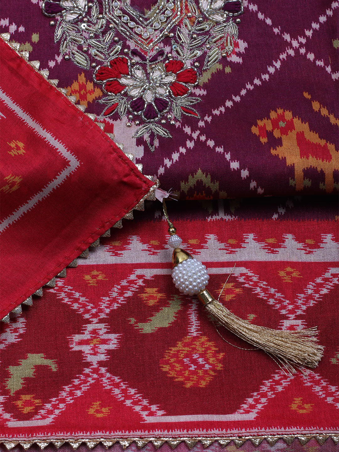 Patola Printed Tussar Unstitched Suit With Dupatta