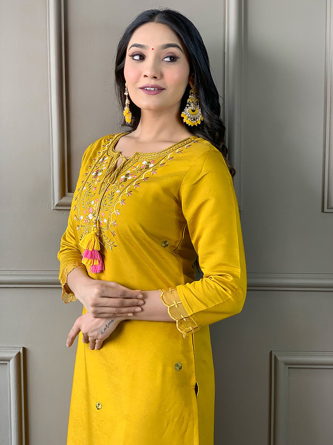 Resham Embroidery Cotton Blend Kurta With Pants &amp; Dupatta