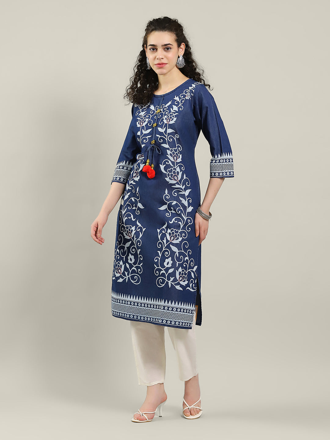 Neck Printed Denim Kurta