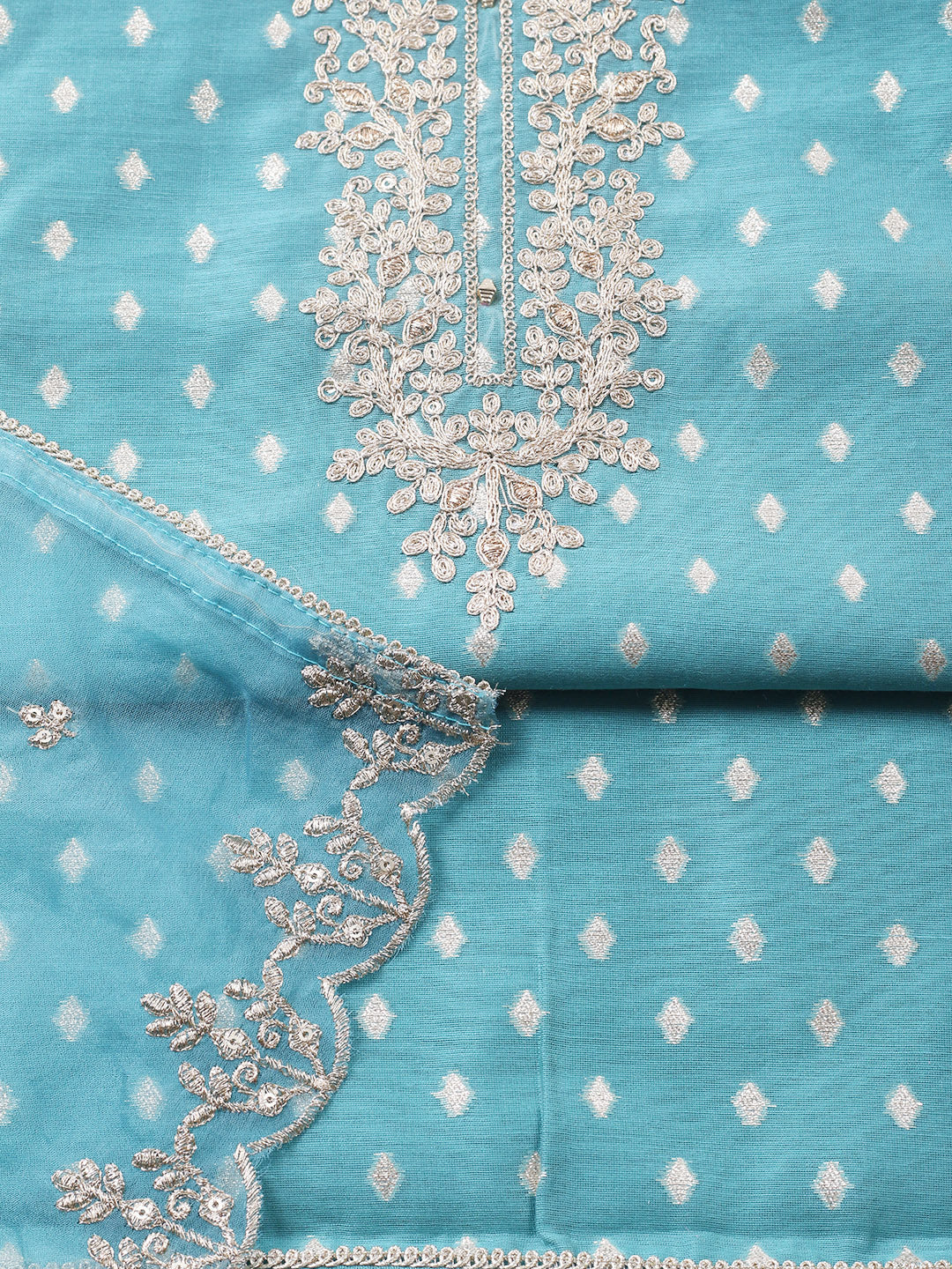 Embroidered Chanderi Unstitched Suit With Pant &amp; Dupatta
