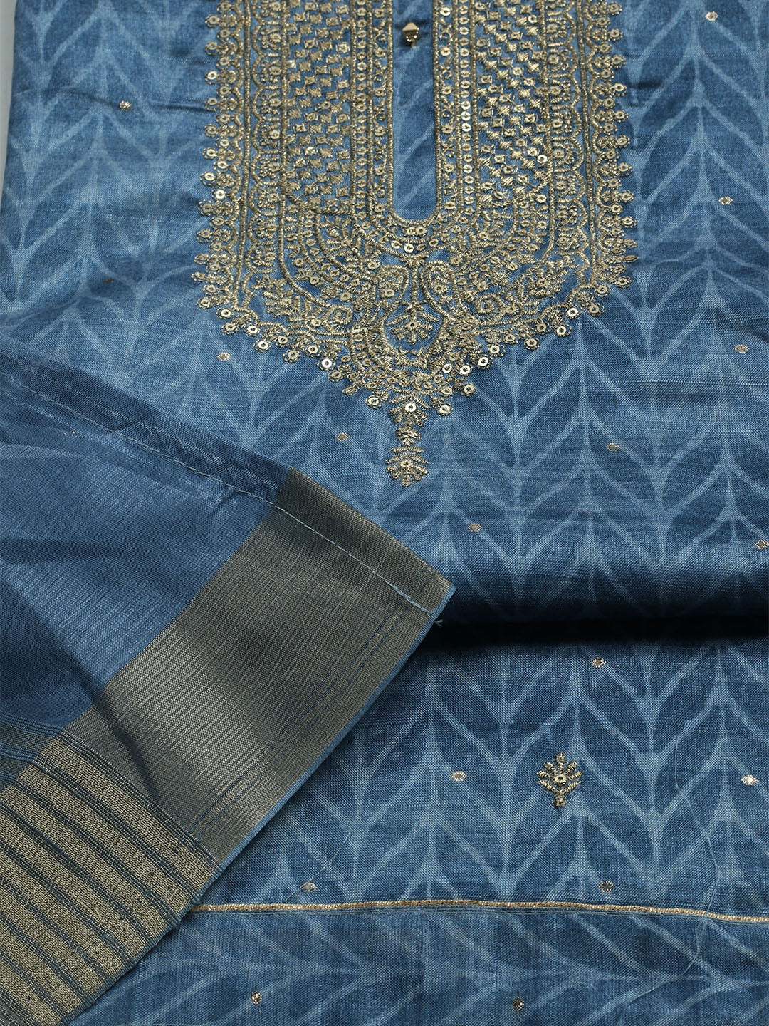 Embroidered Tussar Unstitched Kurta With Pant & Dupatta