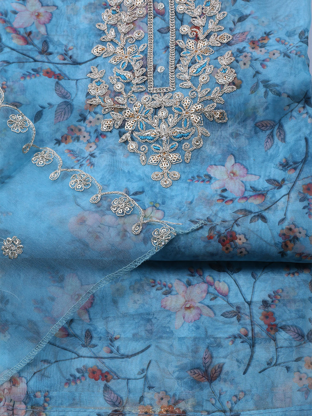 Neck Embroidered Organza Unstitched Suit With Dupatta