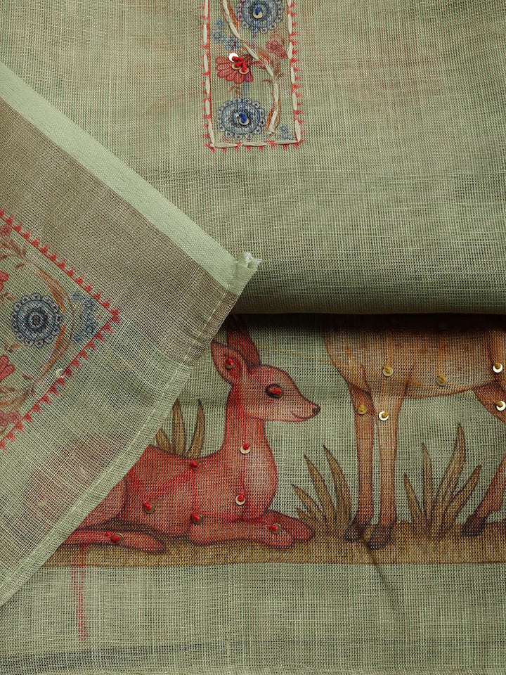 Printed Linen Blend Unstitched Suit With Pant &amp; Dupatta