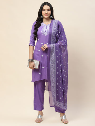 Resham Embroidery Cotton Kurta With Pants & Dupatta