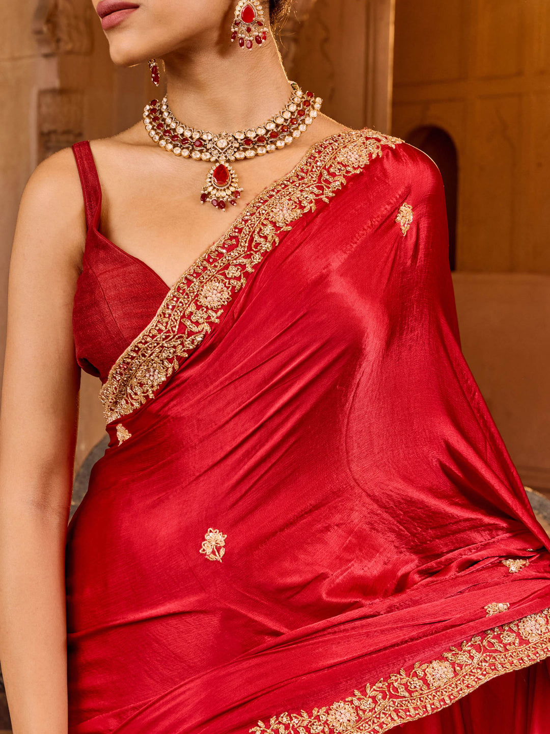 Hot Pink Chinon Embroidered Saree